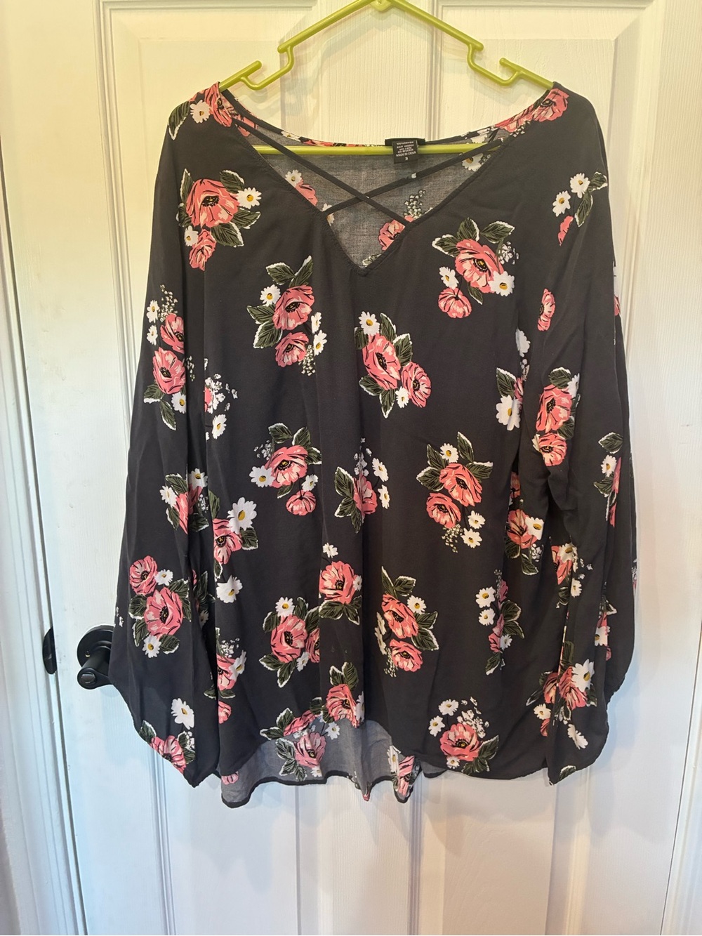 torrid Black Floral Crisscross V-Neck Blouse with Pink Roses